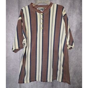 VTG Striped 90s Henley Short Sleeve Shirt Size L HEAVY SIGNS OF WEAR